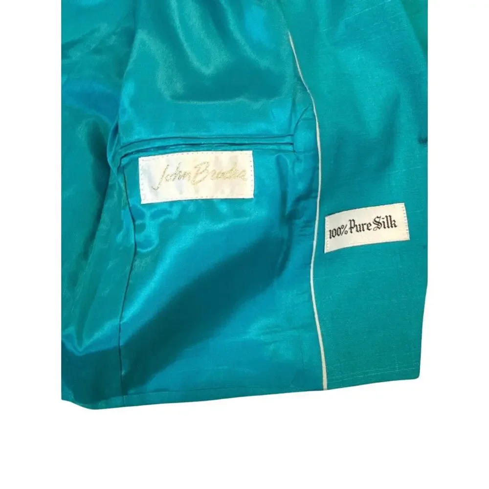 Vintage John Brooks 100% Silk Teal Two Piece Jacket Pleated Midi Skirt Set Sz10